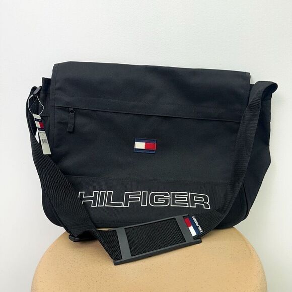 Tommy Hilfiger Unisex Vintage Y2K 90s Black Spell Out Small Flag Messenger Bag - Picture 1 of 9